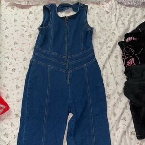 One Piece Denim Jumpsuit Zipper Up Full Length Jeans Rompers Overalls